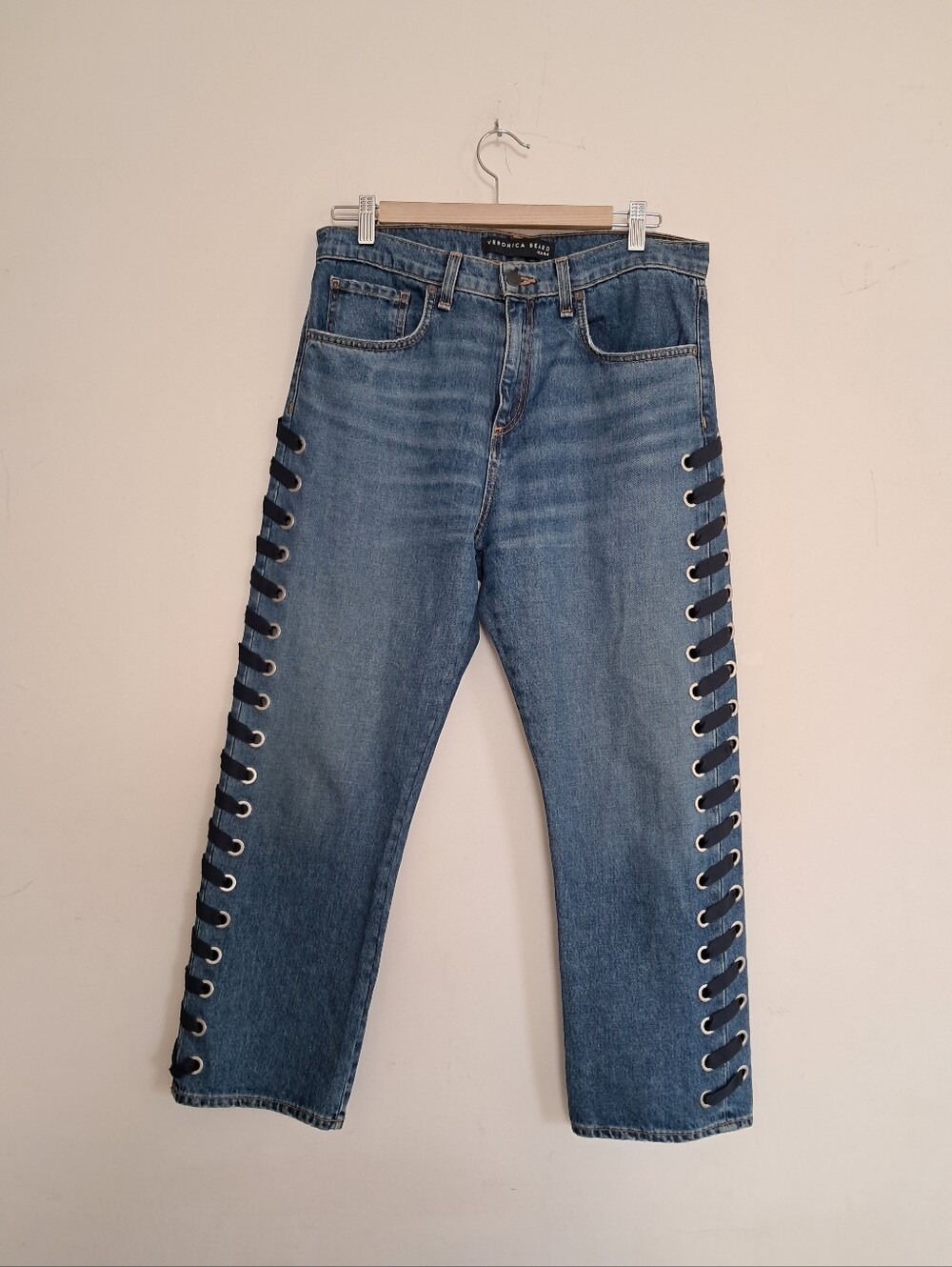 Veronica Beard Jeans Women's 29 Stone Blue Ines Girlfriend Lace Up Grommets